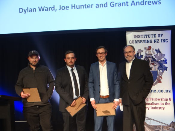 3. Q&M editor Alan Titchall (right) presented the magazine’s Tomorrows Leaders Award at the TransDiesel Awards Dinner. Recipients were (from left): Grant Andrews, AGS Earthmovers; Dylan Ward, Fulton Hogan Tauhei Quarry; and Joe Hunter manager Logan Point Quarry.